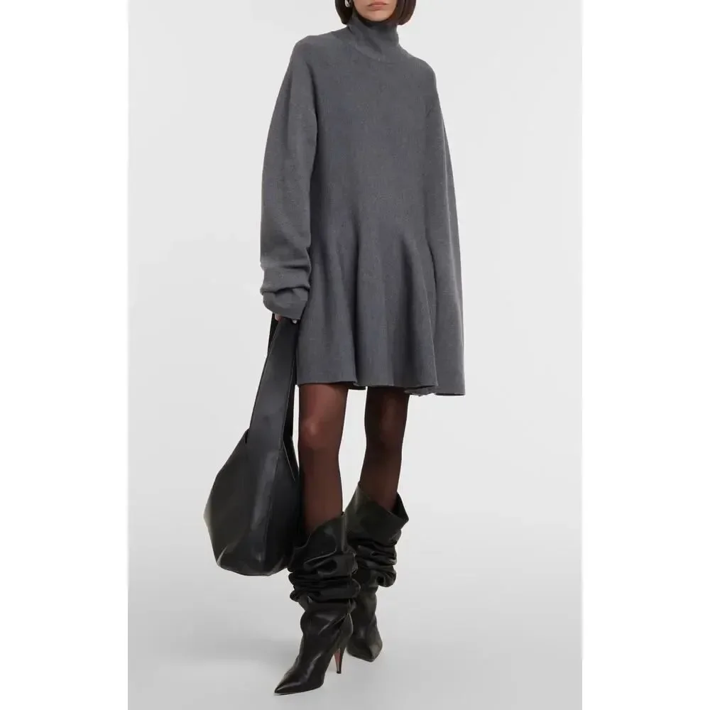 KHAITE Clarice Gray Wool Turtleneck Mini Dress L Fit Flare Luxe